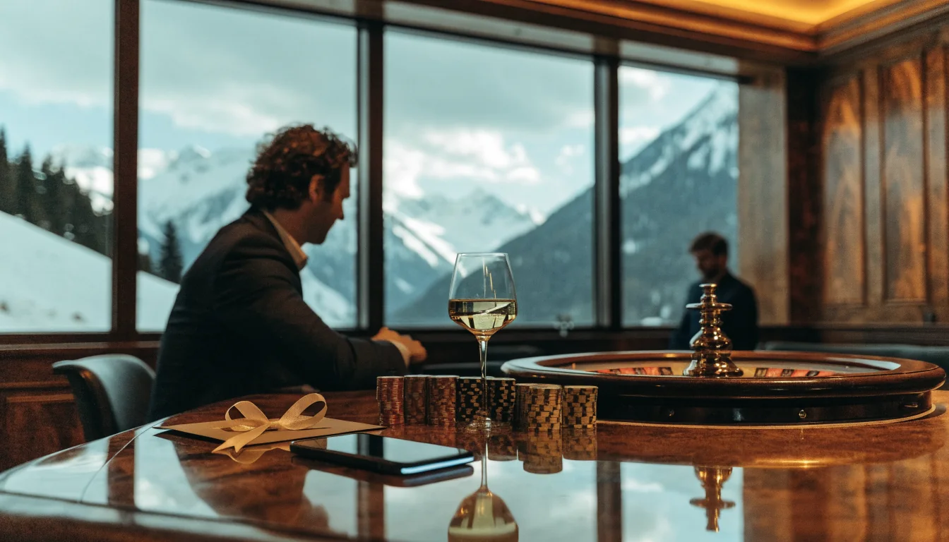 Luxuriöses österreichisches Casino mit Roulette, Chips und Smartphone