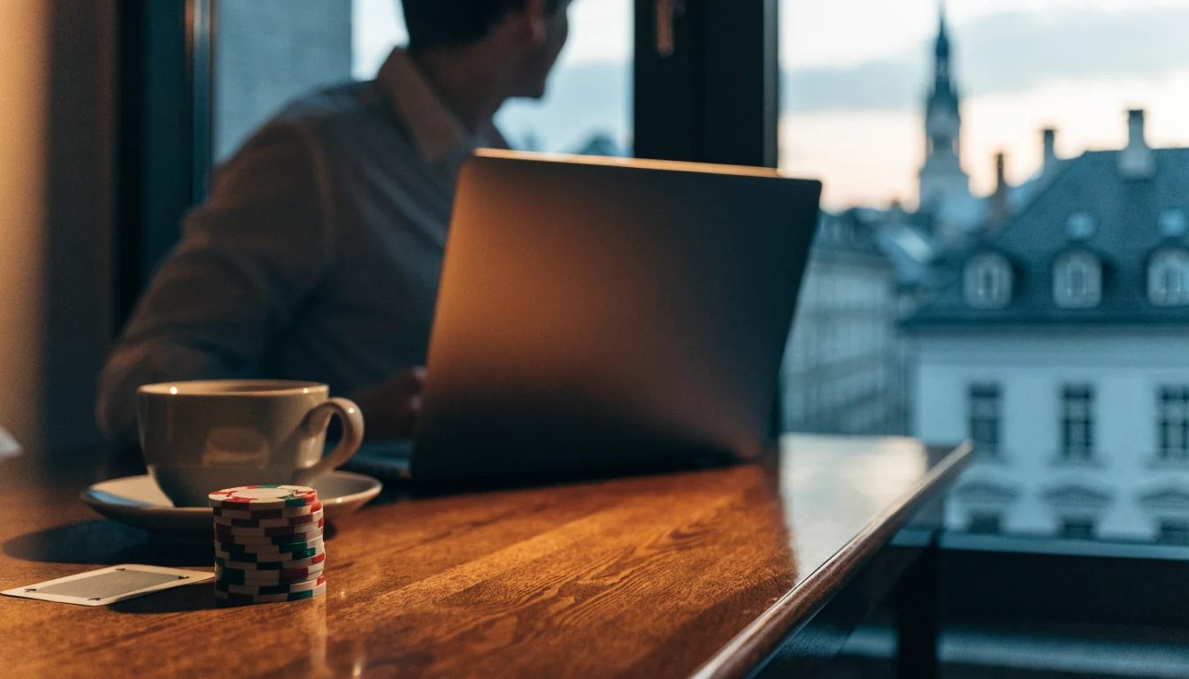 Casino-Chips und Laptop auf einem Wiener Tisch bei Dämmerung
