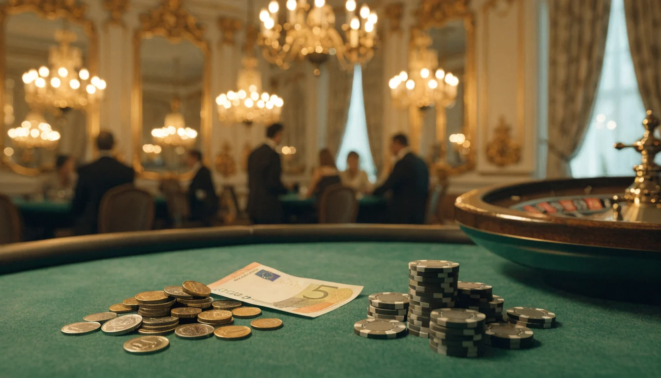 Österreichische Casino-Lounge mit Roulette, Jetons und einem 5-Euro-Schein auf grünem Filztisch