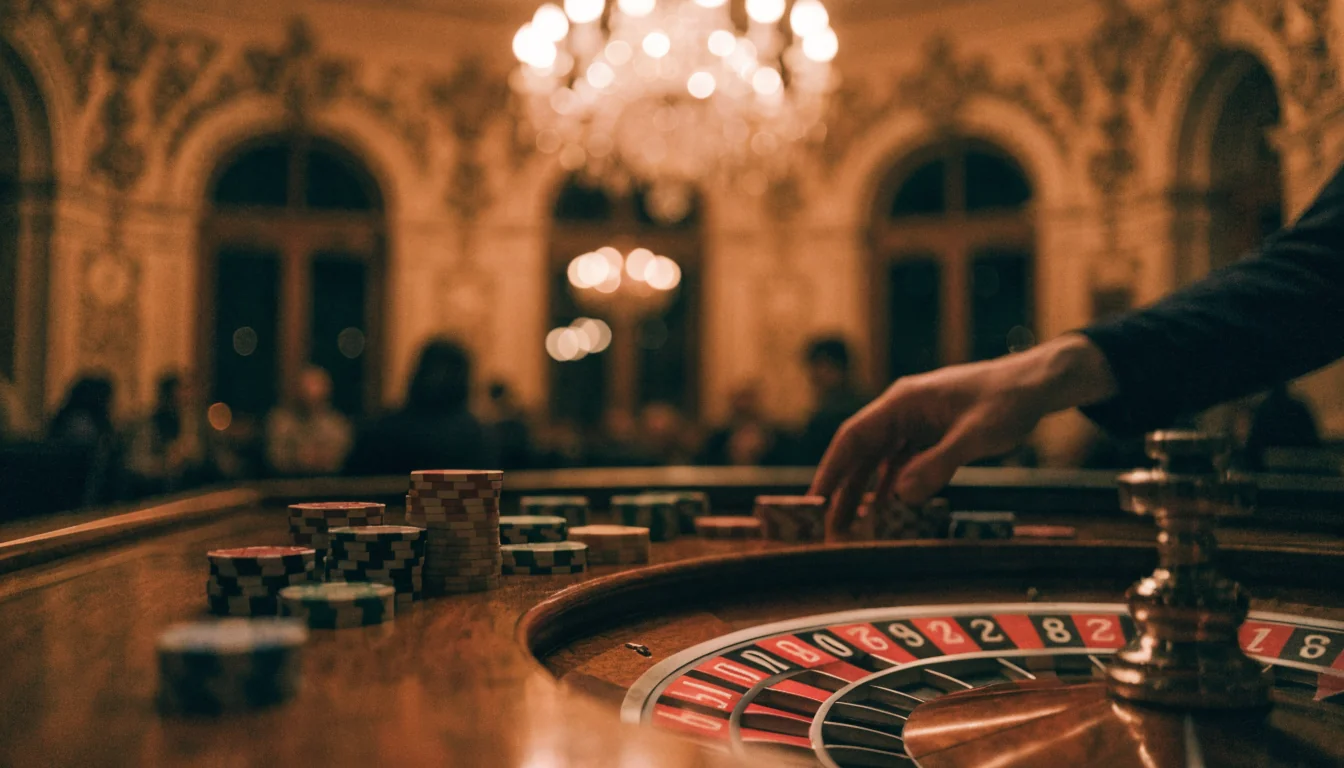 Stilvolle österreichische Casino-Lounge mit Roulette-Tisch und Chips