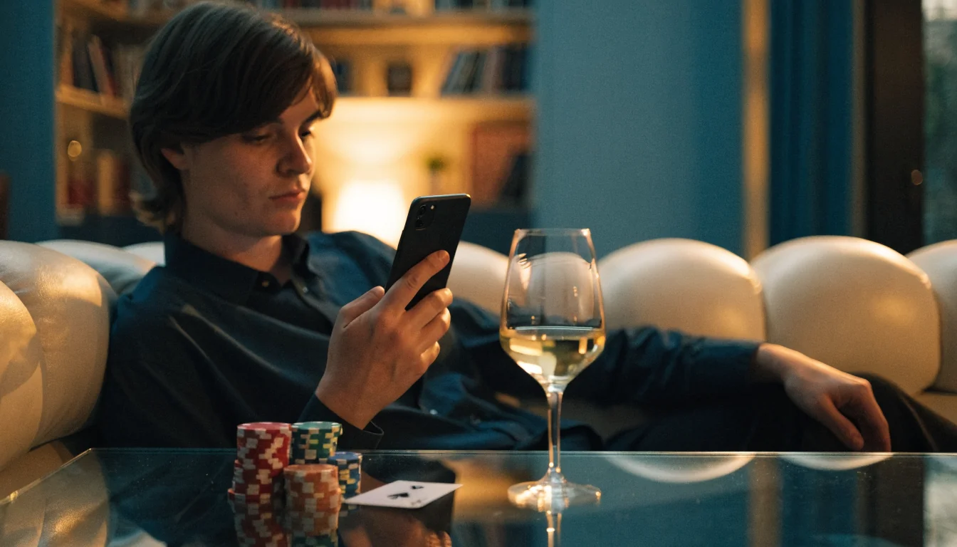 Person mit Smartphone und Casino-Chips in moderner Wiener Wohnung