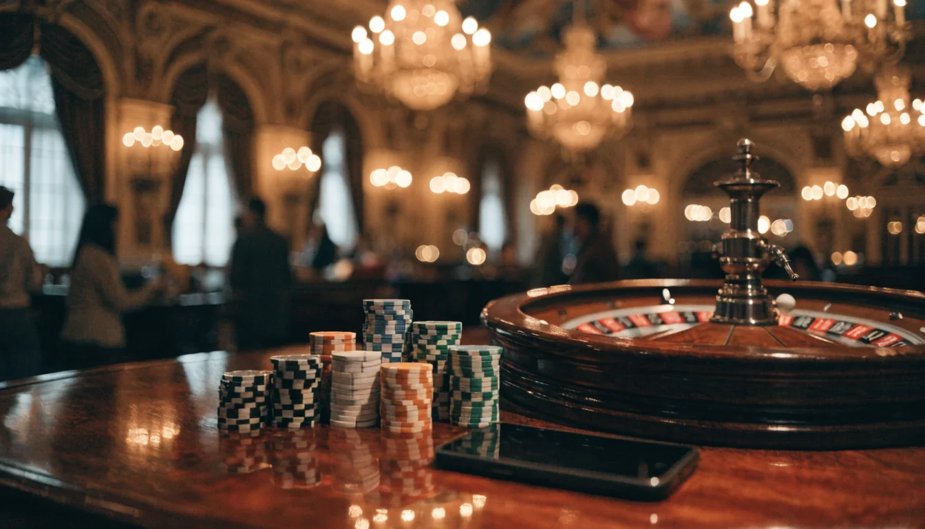 Stilvolle Wiener Spielbanklounge mit Roulette und Jetons bei warmem Licht