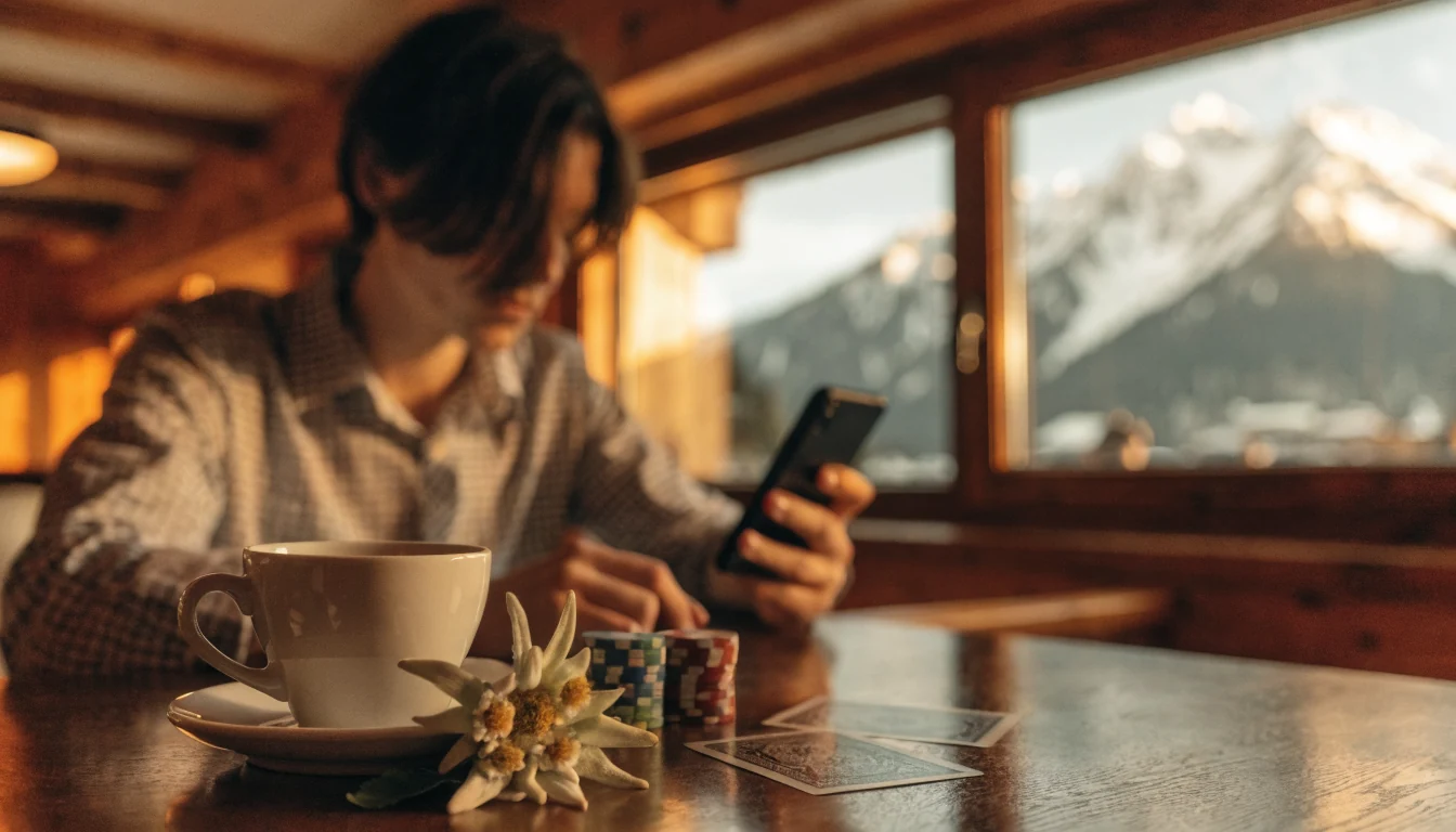 Person mit Smartphone in österreichischer Alpen-Lounge mit Pokerchips und Spielkarten auf dem Tisch