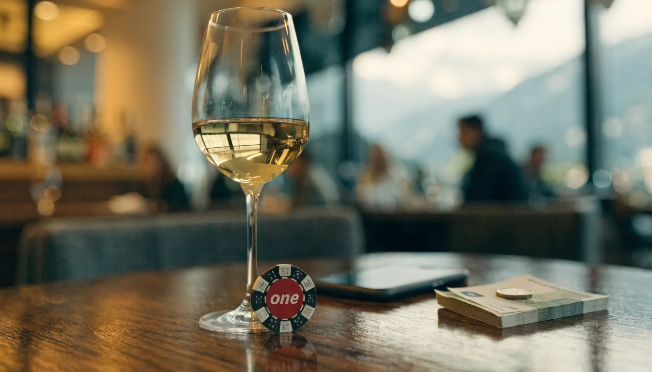 Wiener Café-Szene mit Casino-Chip und Ein-Euro-Münze auf dem Tisch