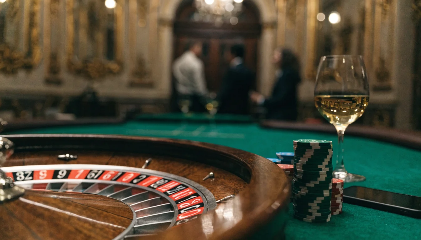 Roulette-Tisch mit Chips und Smartphone in Wiener Casino-Atmosphäre