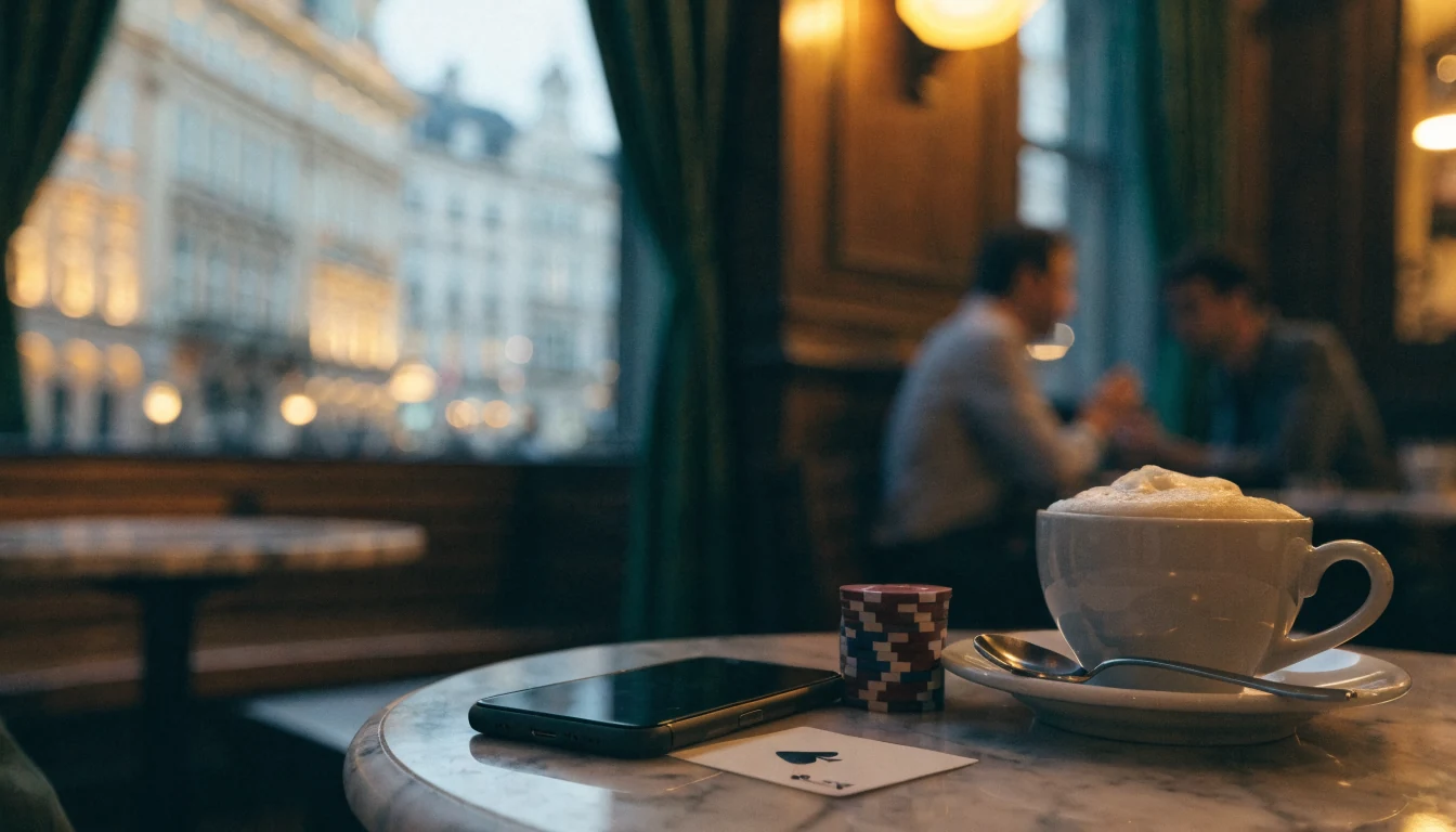 Wiener Café-Abend mit Smartphone, Casino-Chips und Kaffee