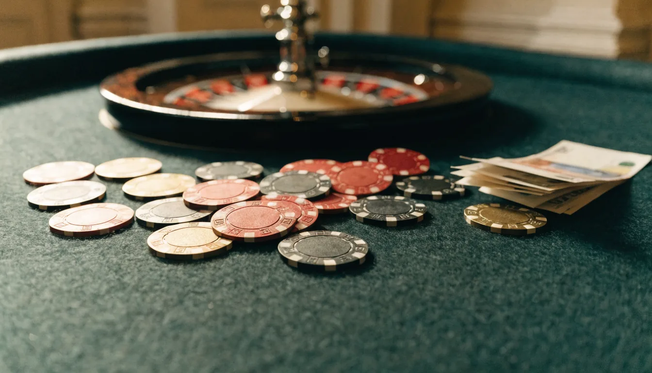 Casino-Chips und Euro-Scheine auf Filztisch mit Roulette