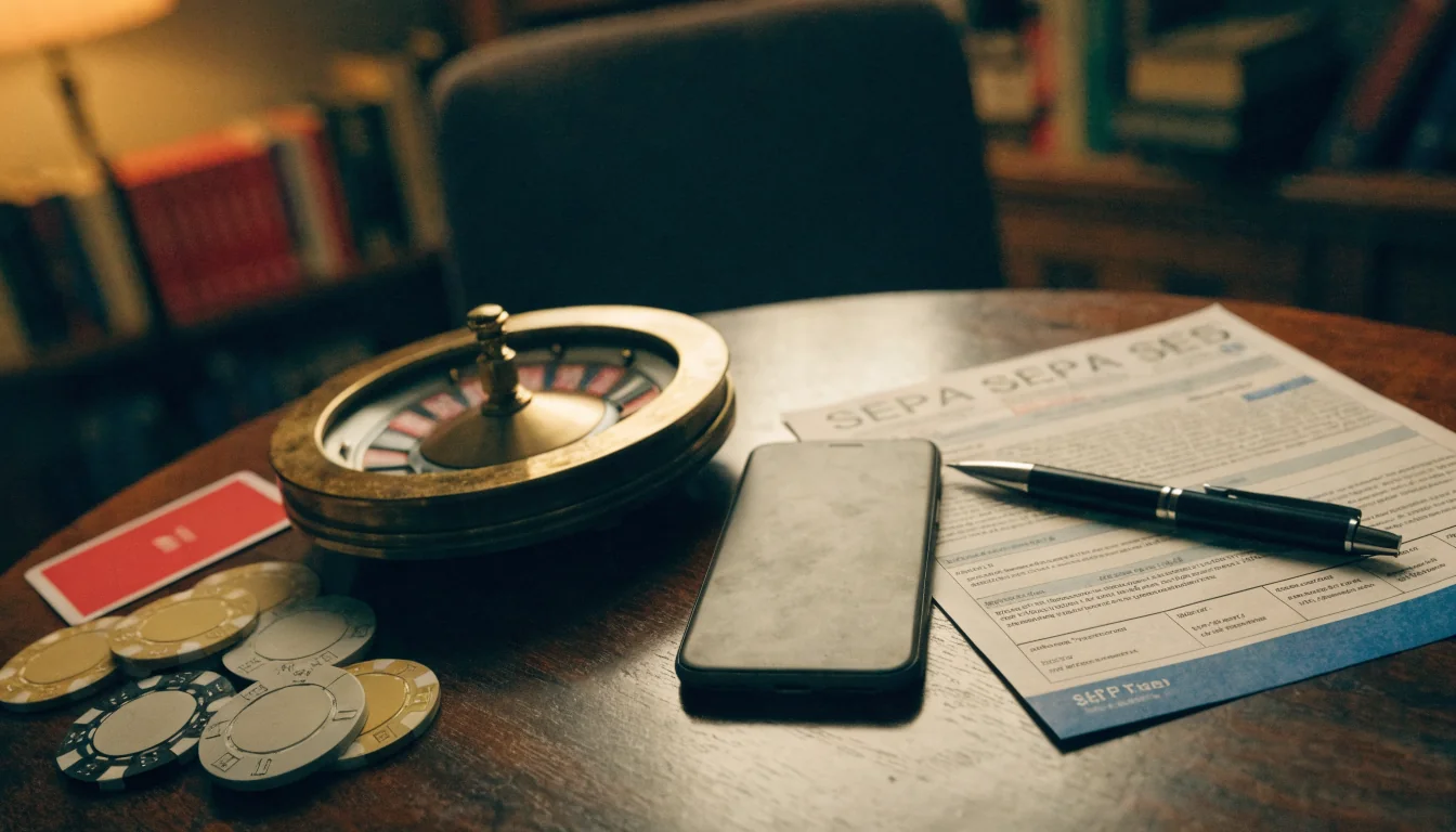 Casino-Chips, Roulette und SEPA-Lastschriftformular auf einem Tisch