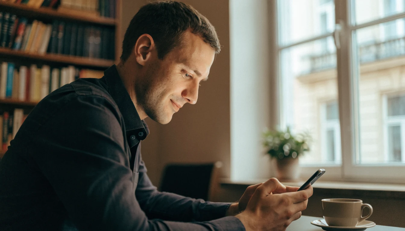 Österreichischer Spieler prüft entspannt Smartphone in Wiener Wohnung