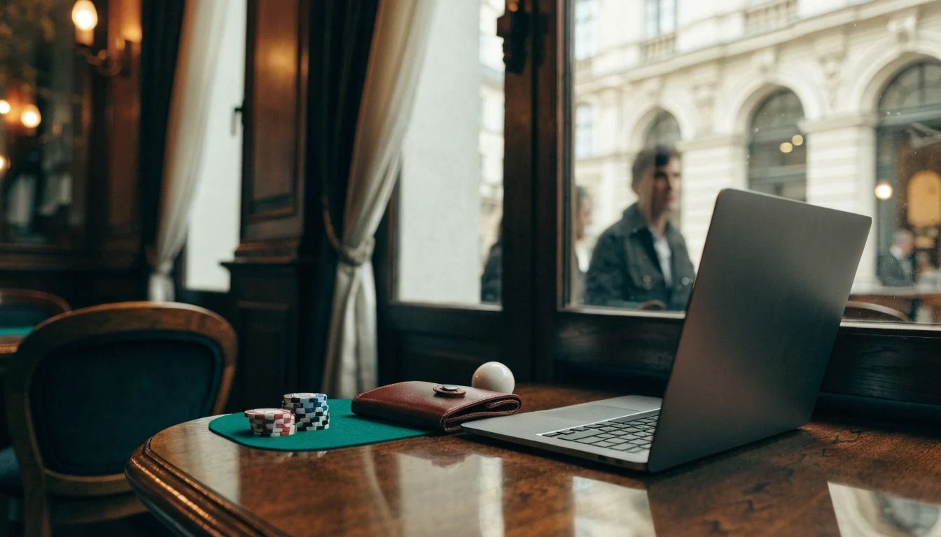 Wiener Café mit Pokermarker, Roulettekugel und verdecktem Laptop