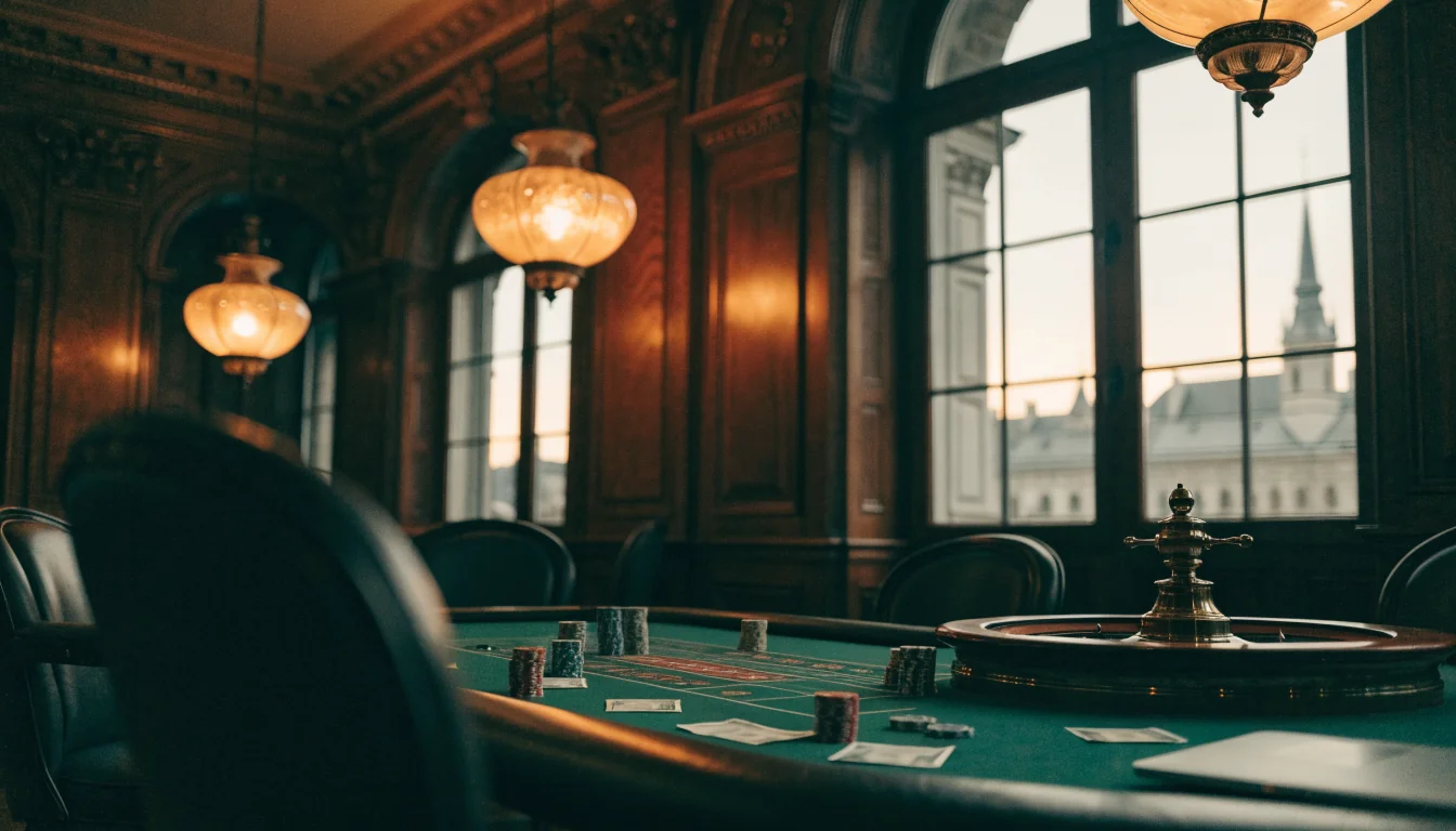 Elegante Wiener Casinolounge mit Roulette und Spielchips auf einem Filztisch