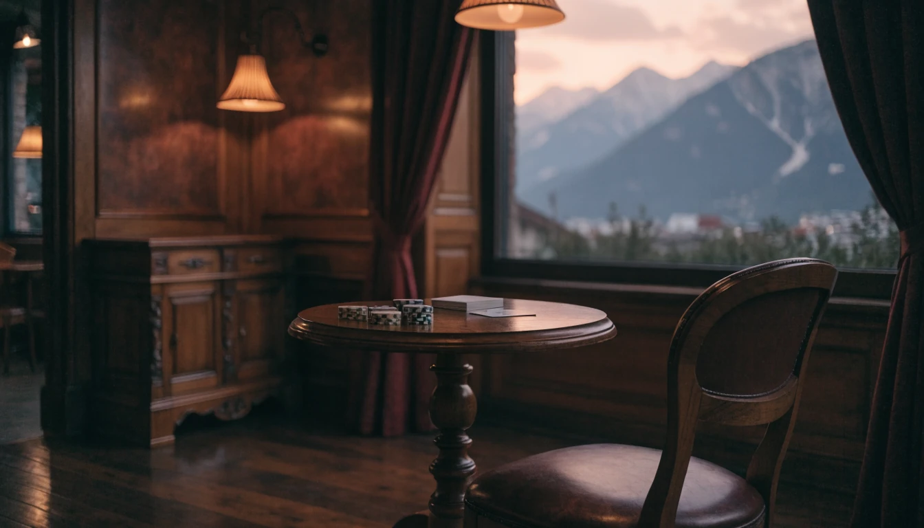 Stilles Wiener Café mit Poker-Chips und Karten auf dem Tisch