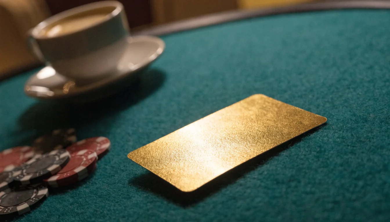Goldene Prepaid-Karte neben Casino-Chips auf grünem Filz mit Melange-Tasse