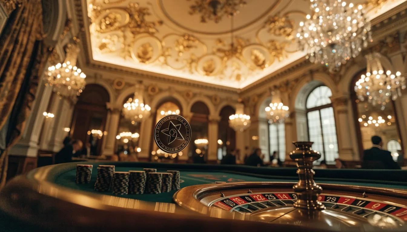 Stilvolles österreichisches Casino mit Roulette-Tisch und leuchtender XRP-Münze