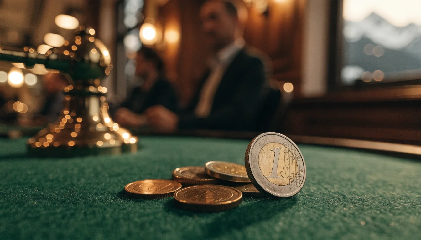 Euro-Münzen verschiedener Stückelungen neben einem Spielautomaten in einer alpinen österreichischen Casino-Lounge