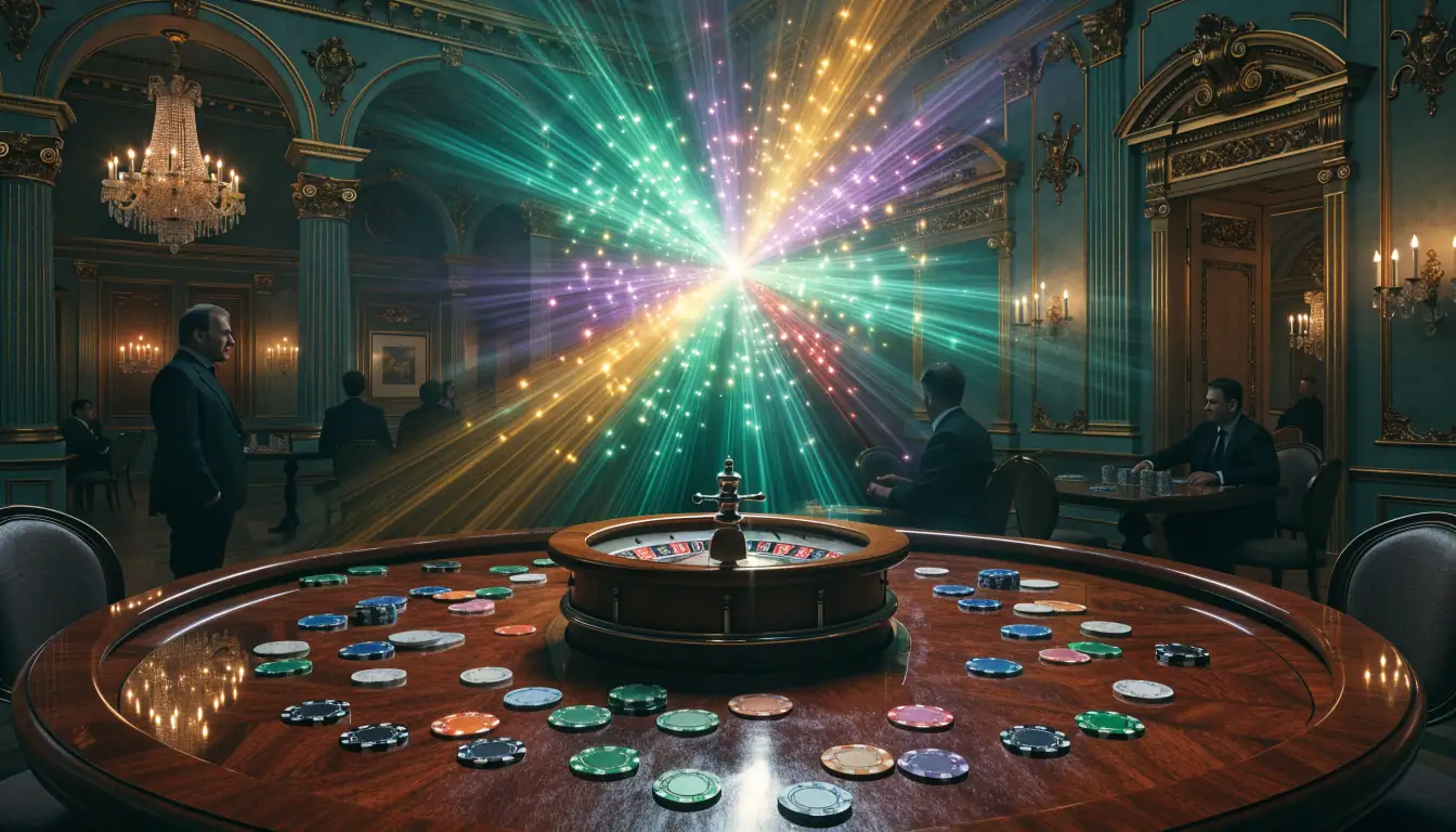 Elegantes Wiener Casino mit kosmischem Sternenlicht über Spieltisch mit Chips