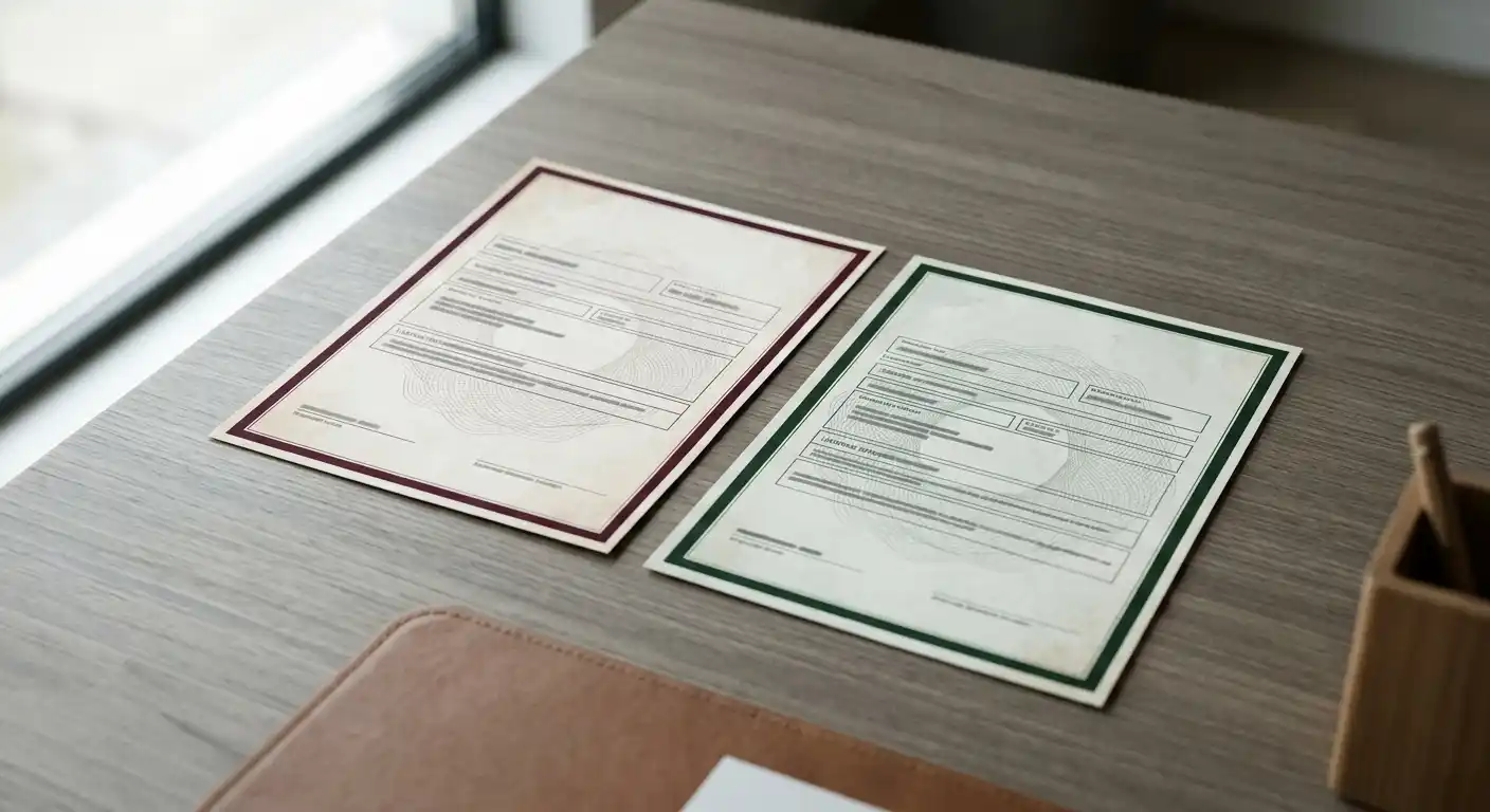 Zwei neutrale Lizenzdokumente aus unterschiedlichen Rechtsrahmen nebeneinander auf einem sachlichen Schreibtisch