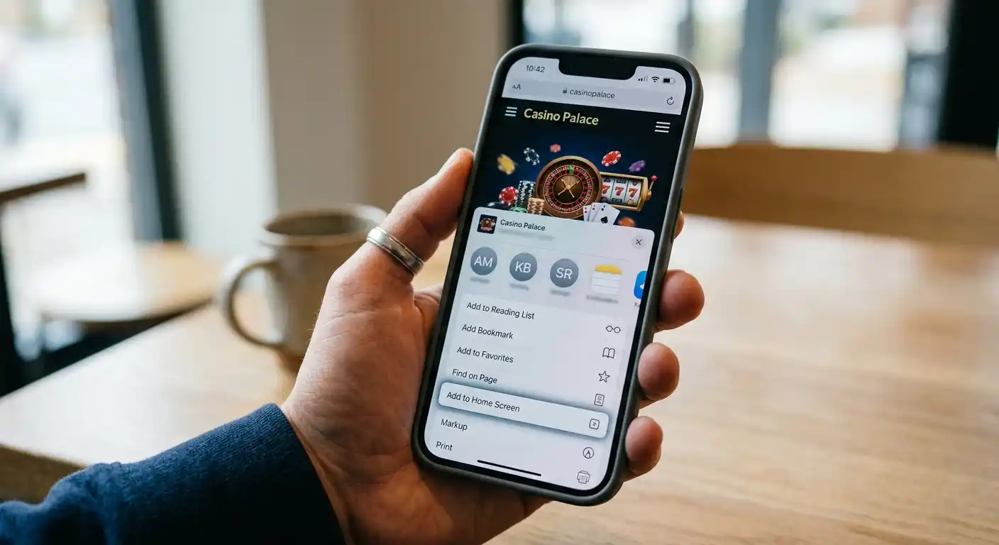 iPhone mit Safari-Browser zeigt „Zum Home-Bildschirm" Funktion für Casino-Website