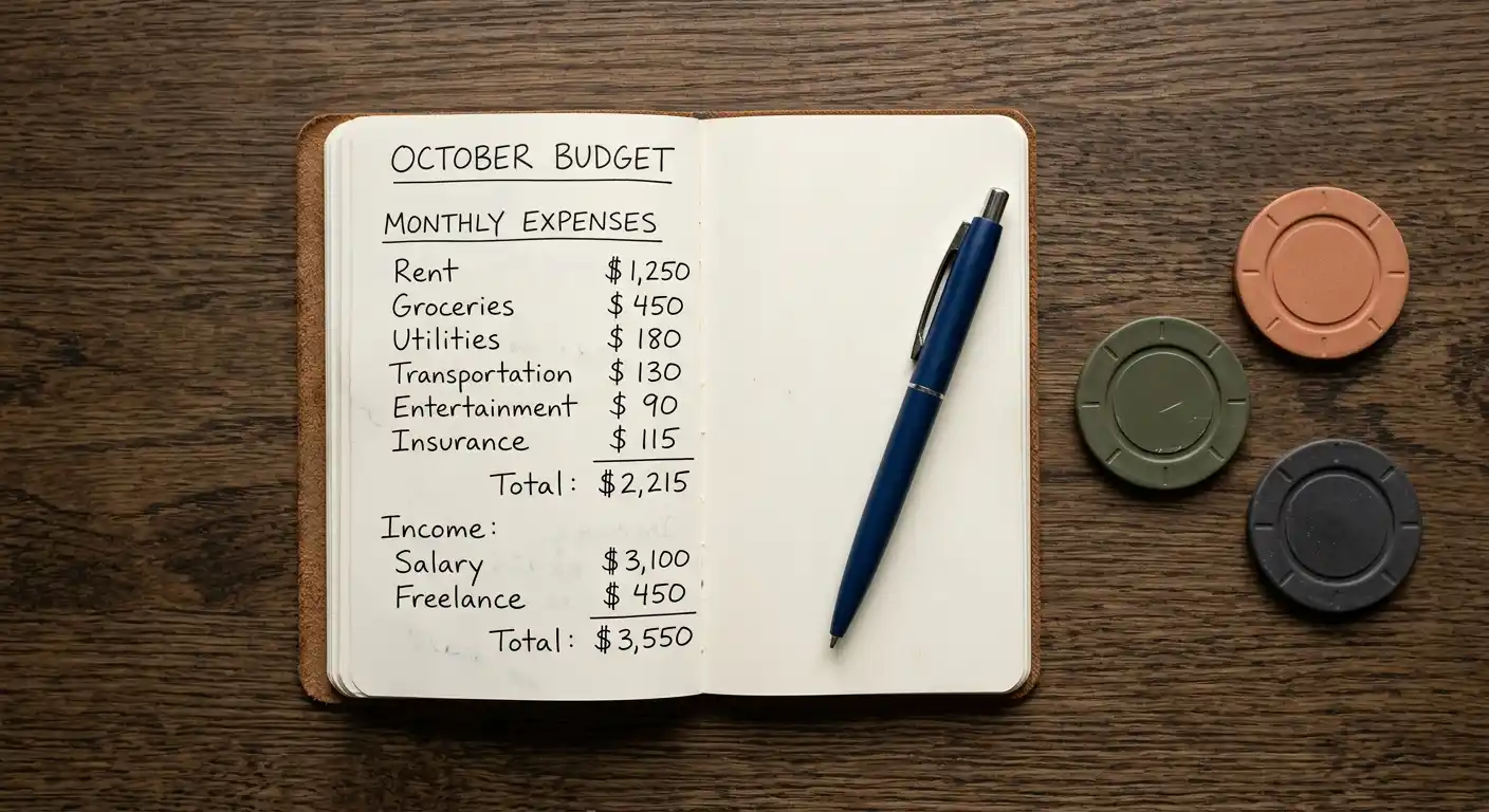 Taschenrechnerfreie Budgetplanung mit Notizbuch und Euro-Chips
