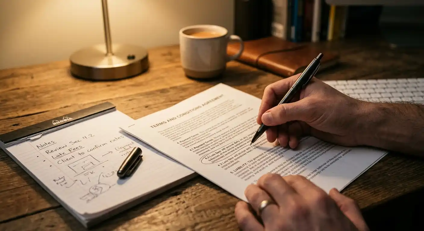 Hand mit Notizzettel und Stift neben einer Bonus-Bedingungsübersicht