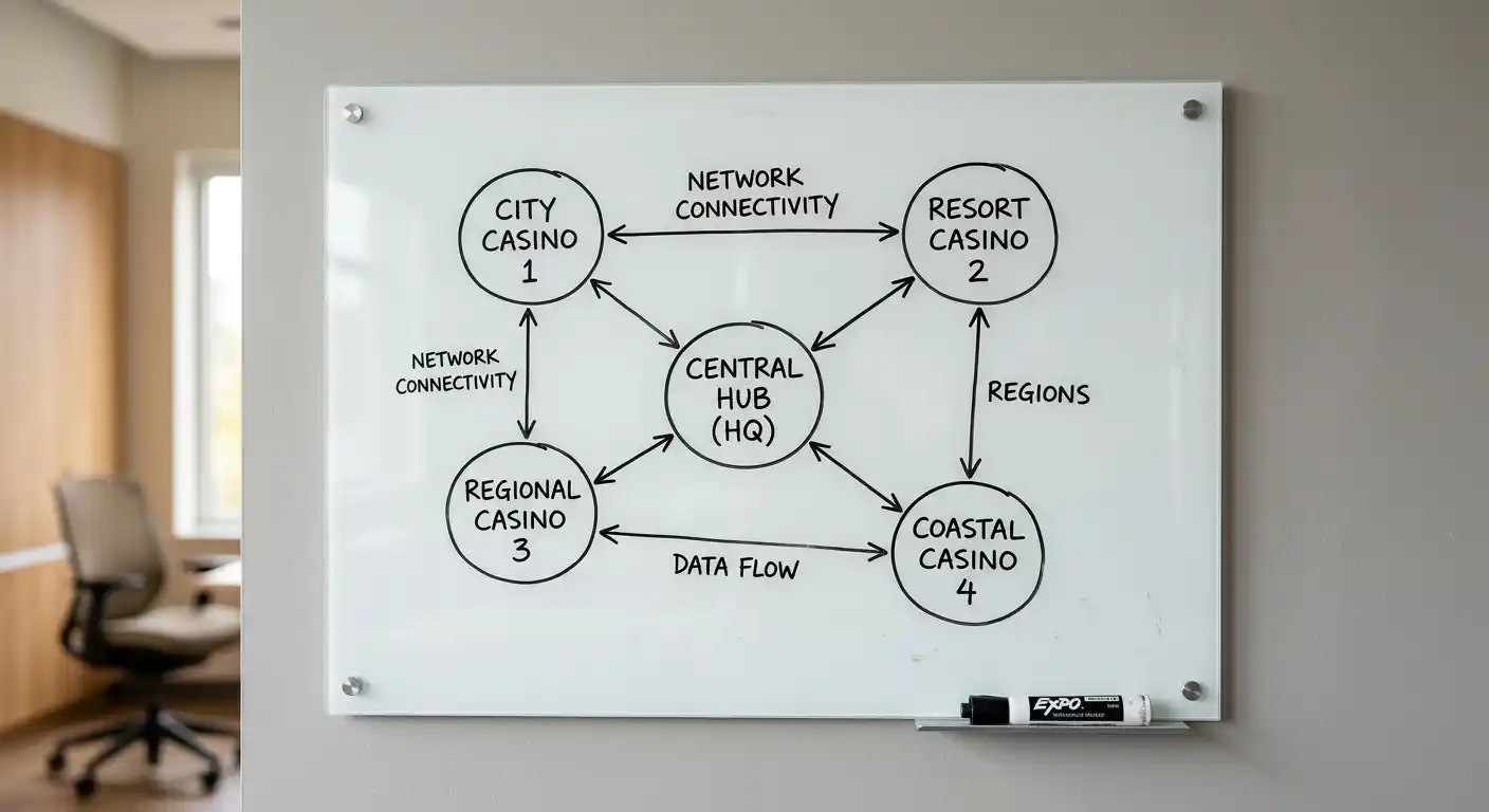Schematische Darstellung eines Netzwerks aus verbundenen Casino-Knoten