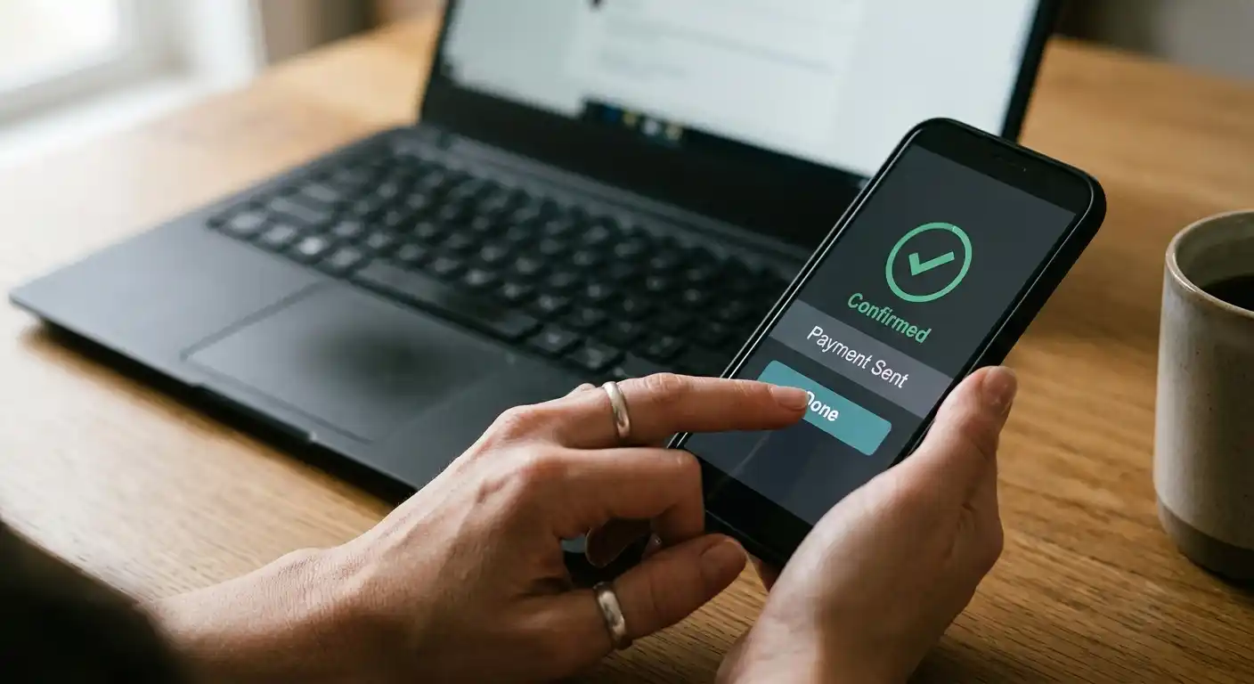 Person bestätigt eine E-Wallet-Zahlung auf einem neutralen Smartphone