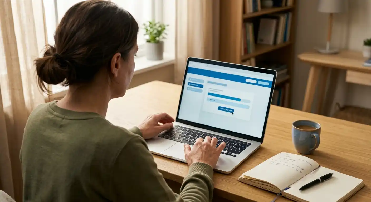 Person bestätigt eine neutrale Onlinebanking-Zahlung am Laptop