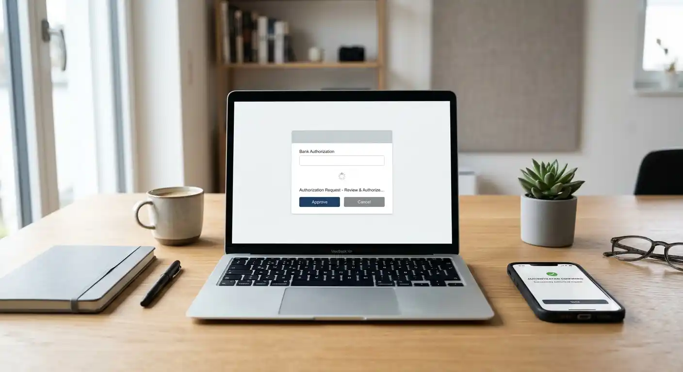 Online-Banking-Freigabe mit TAN-Hinweis neben neutraler Casino-Kassenseite