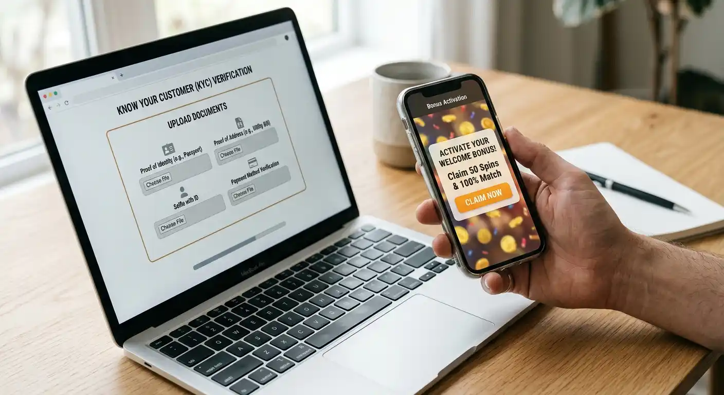 Smartphone in einer Hand mit geöffneter Casino-App, daneben Laptop mit KYC-Upload-Feld auf einem hellen Schreibtisch