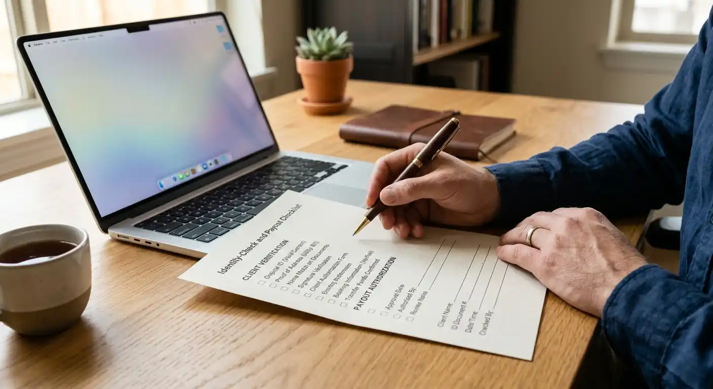 Hand mit Stift neben einer sachlichen KYC- und Auszahlungskontrollliste