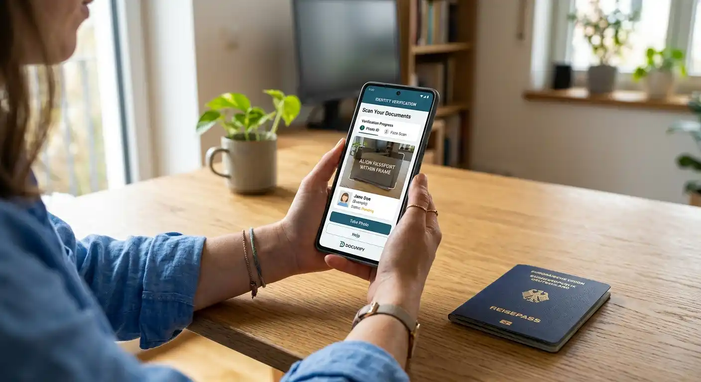 Person mit Smartphone bei KYC-Verifizierung