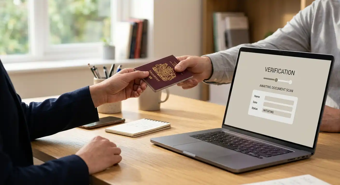 Übergabe eines Ausweisdokuments am Bildschirm für die KYC-Verifizierung
