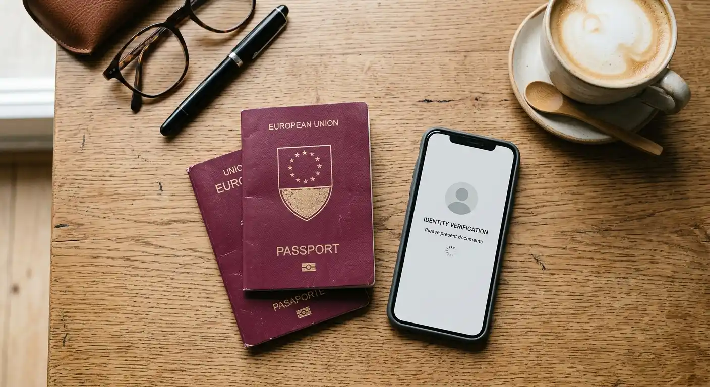 Reisepass und Smartphone nebeneinander auf einem Schreibtisch für KYC-Verifizierung