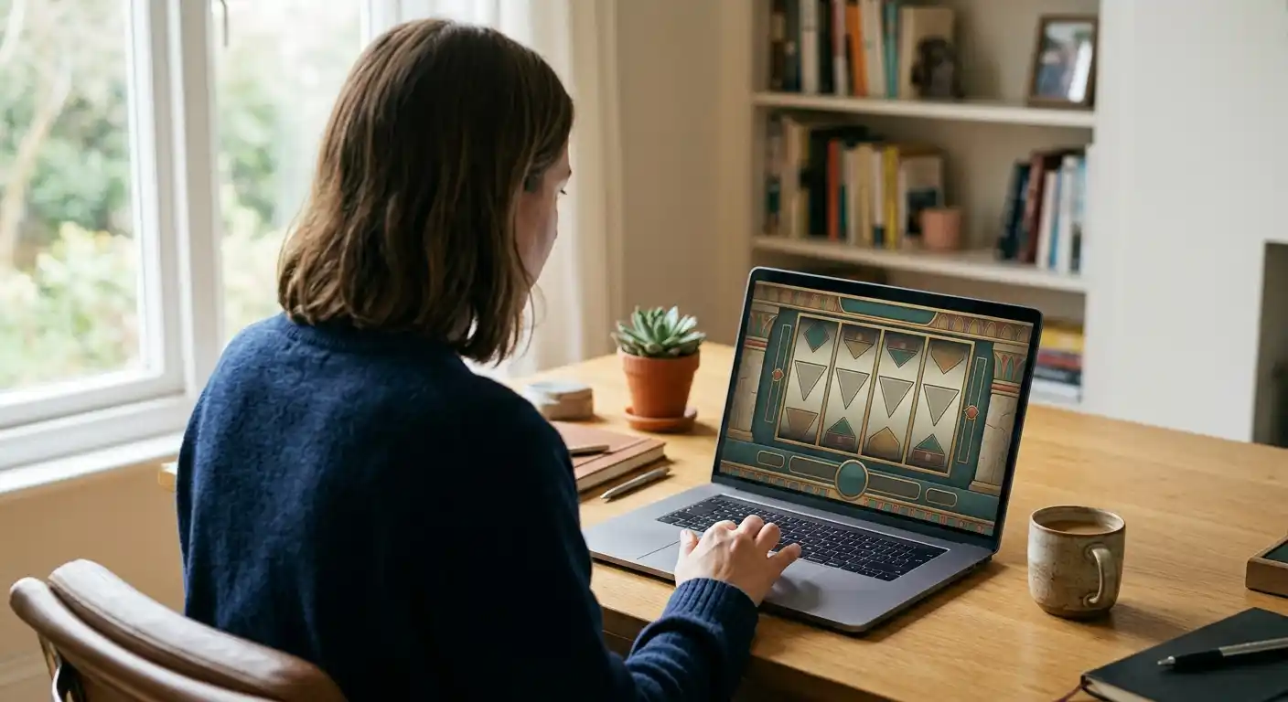 Laptop mit neutraler kostenloser Slot-Demo und ägyptischer Spielszene
