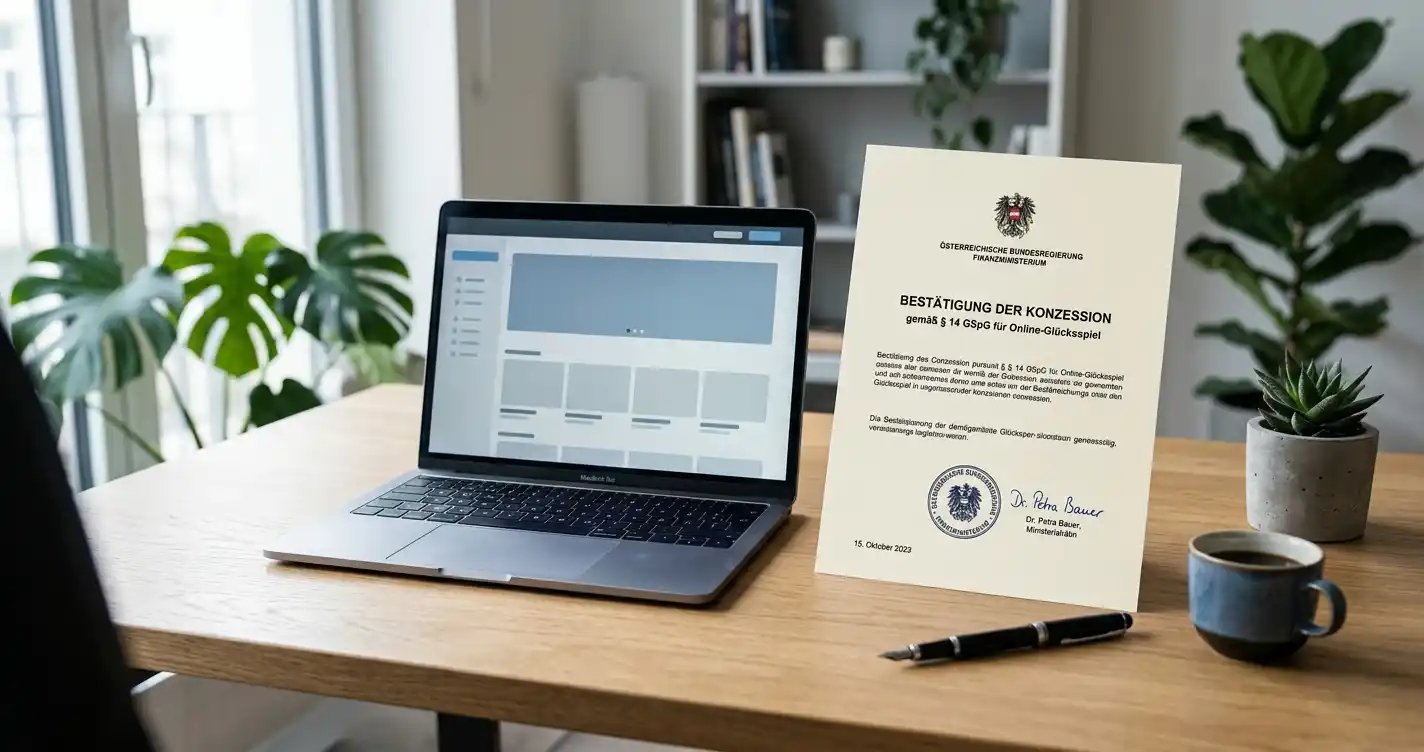 Schreibtisch mit österreichischem Glücksspiel-Konzessionsdokument und Laptop