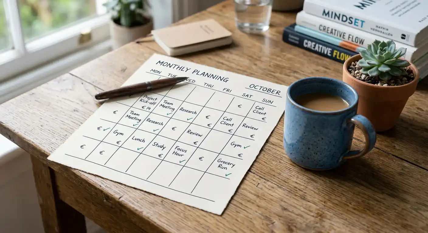 Kalender mit Einzahlungslimits und Notizen zur Spielsuchtprävention auf einem Schreibtisch