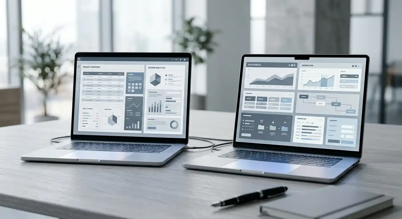 Mehrere Laptop-Bildschirme nebeneinander als Sinnbild für den Vergleich der Litecoin-Casino-Anbieter