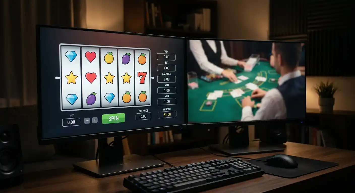 Bildschirm mit Spielautomaten-Walzen und Live-Tischen in einem Litecoin-Casino