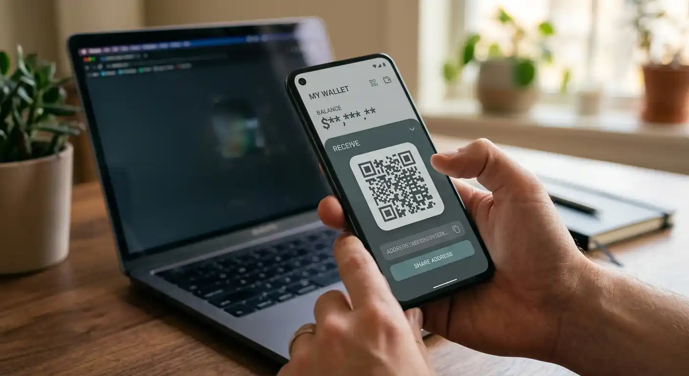 Smartphone mit Krypto-Wallet und QR-Code für eine Litecoin-Einzahlung im Casino