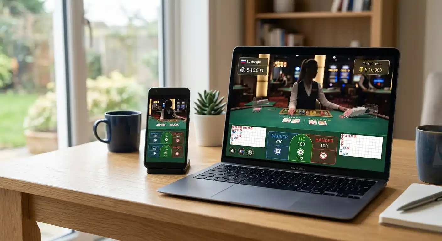 Mobiler Live-Baccarat-Tisch mit neutraler Anzeige für Sprache und Einsatzlimit