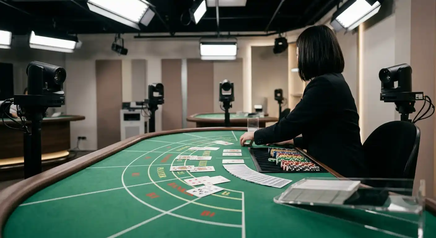 Live-Baccarat-Studio mit neutraler Tischansicht und Kartenablage