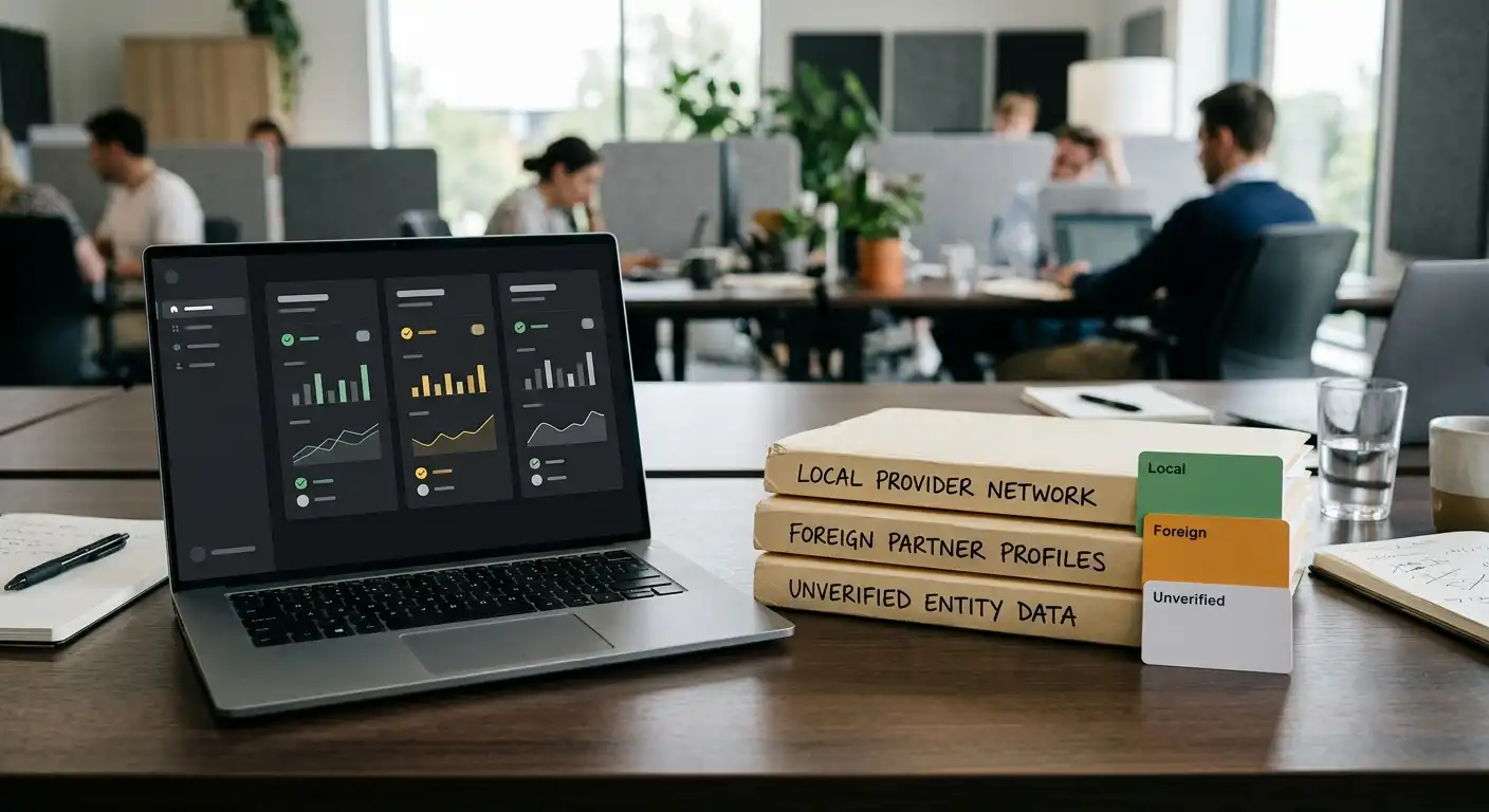 Arbeitsplatz mit neutralen Anbieterakten und drei Prüfstatuskarten