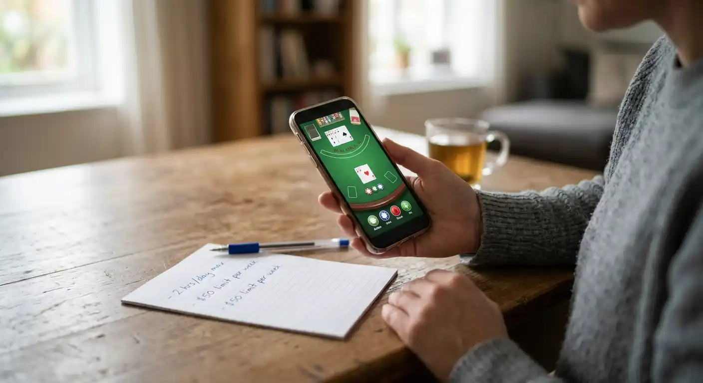Smartphone mit neutralem Live-Casino-Tisch und handschriftlichem Einsatzlimit