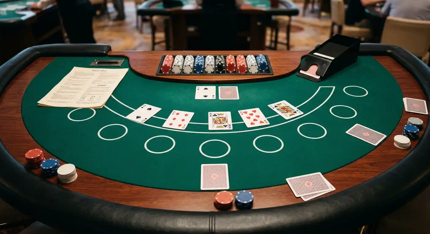 Nahaufnahme eines neutralen Blackjack-Tischlayouts mit Karten und Einsatzmarken ohne Marken
