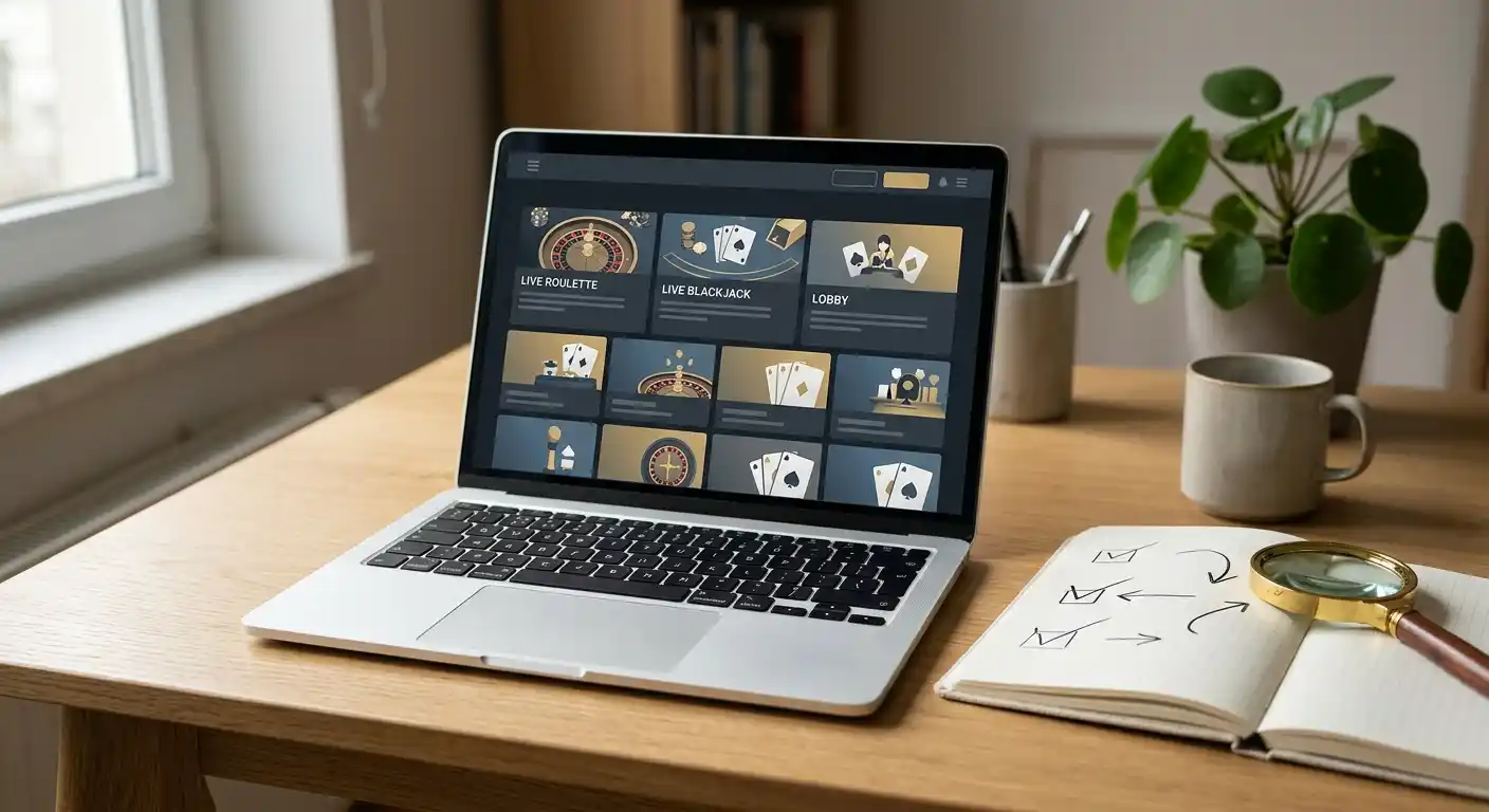 Laptop mit neutraler Live-Casino-Lobby und daneben Notizen zu Betreiber und Spielort
