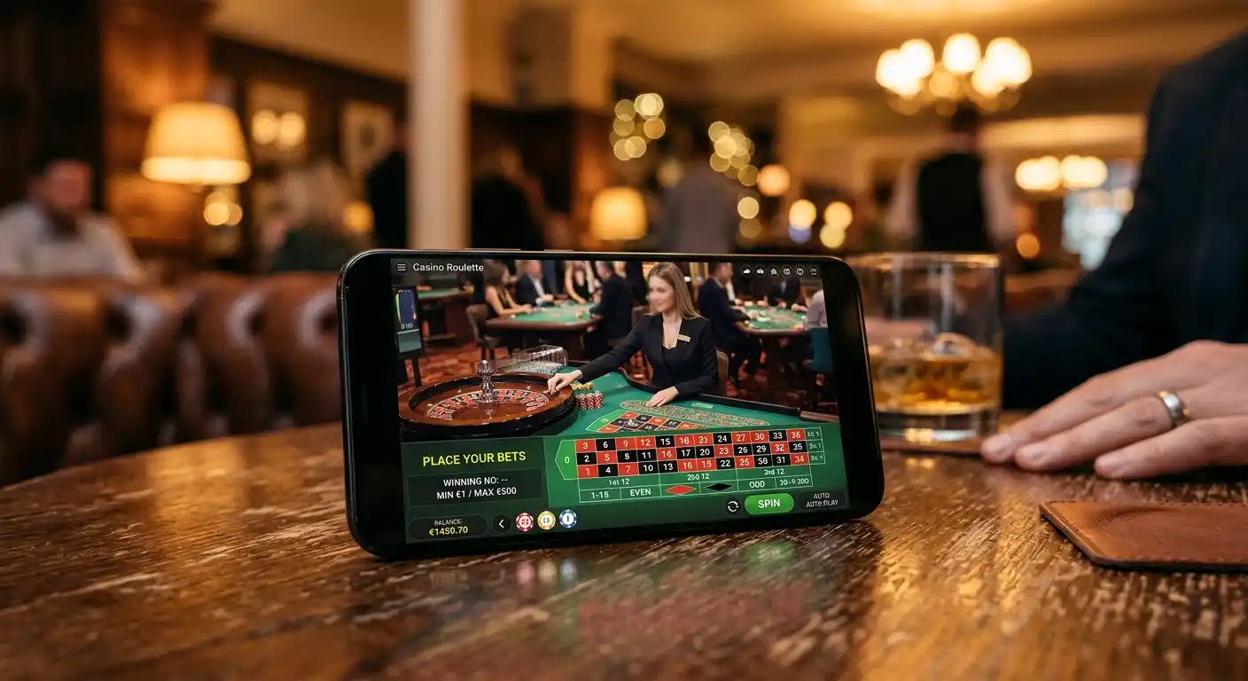 Smartphone zeigt Live-Roulette-Tisch mit Croupier im Video-Stream