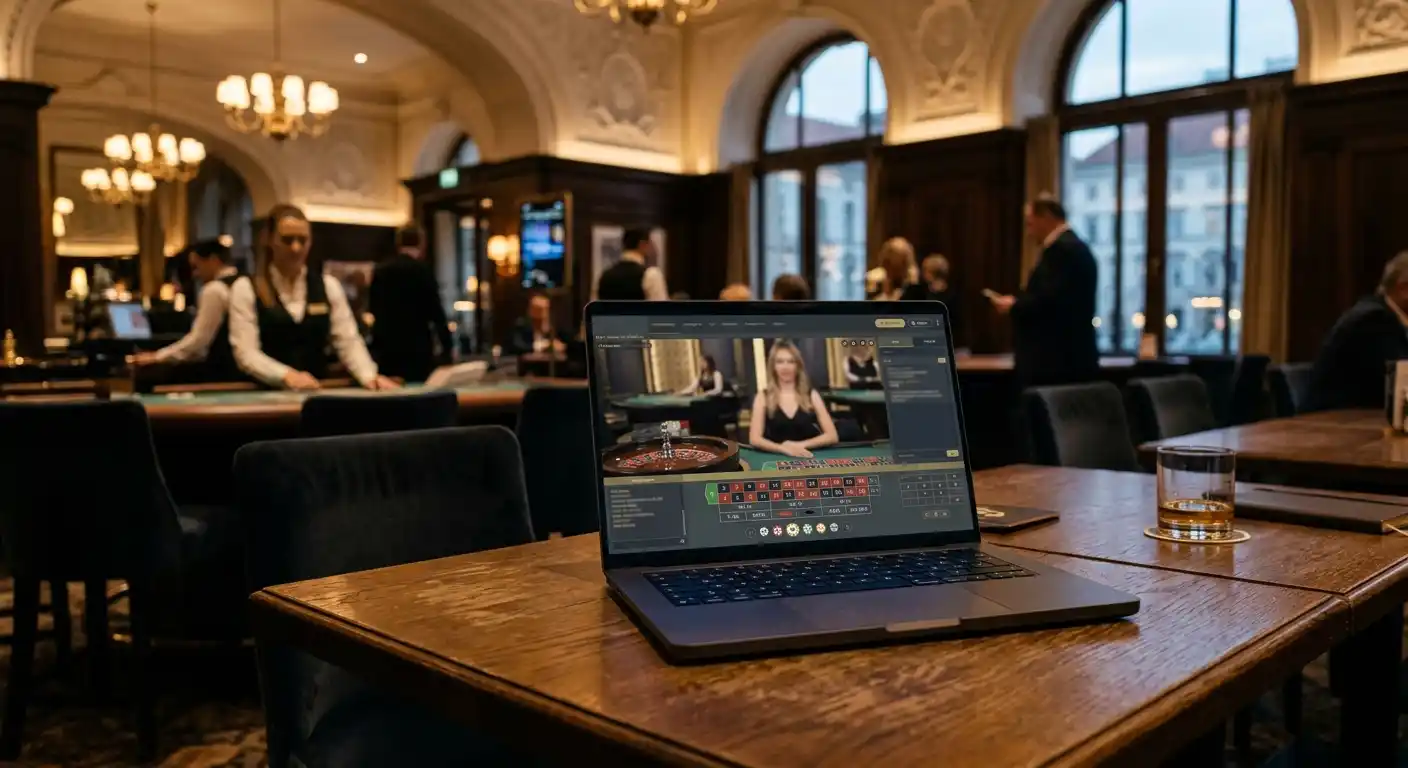 Live-Casino-Tisch auf Laptop und österreichische Spielbank im Hintergrund