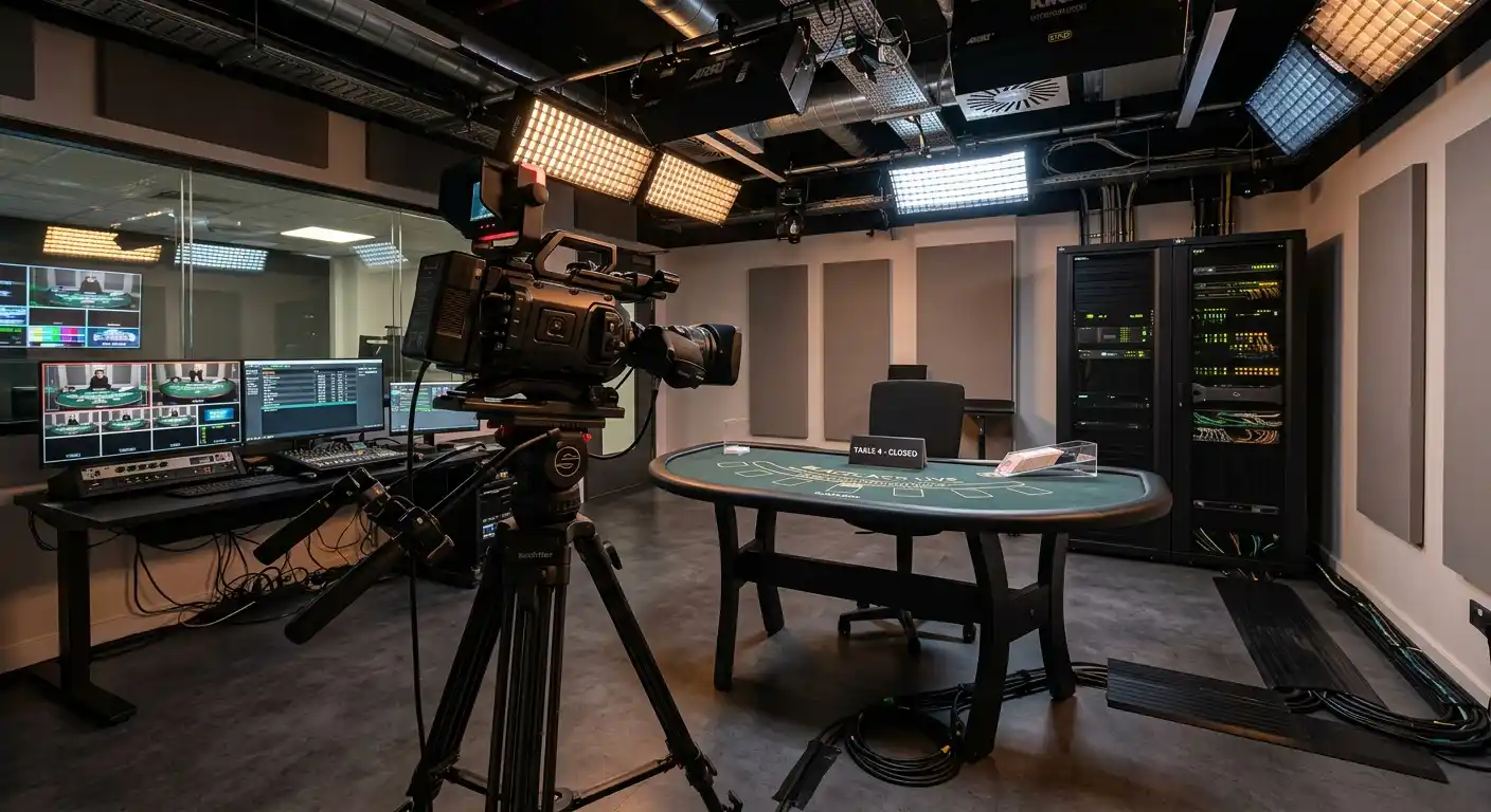Streaming-Studio mit professionellen Kameras und Beleuchtung für Live-Casino-Übertragung