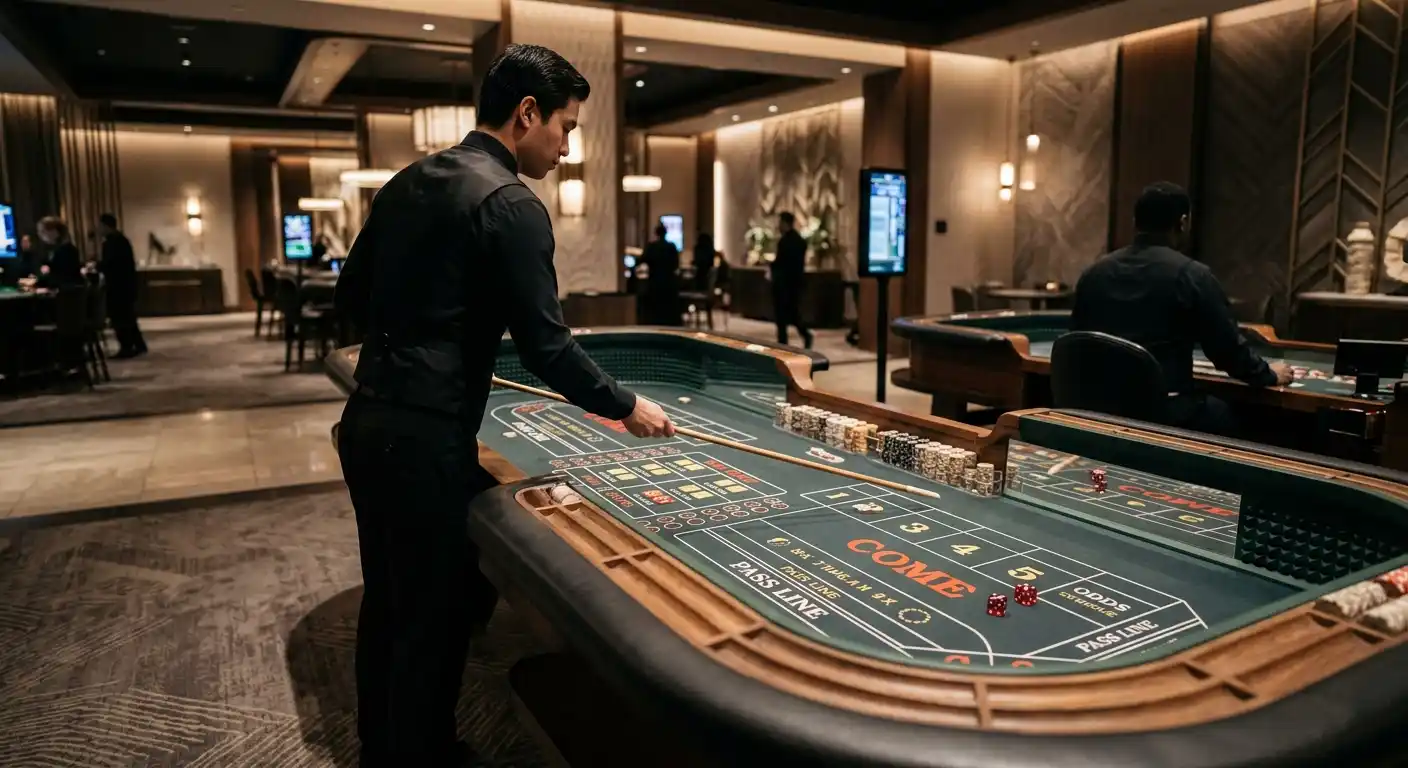 Live-Craps-Tisch in neutralem Studio mit Würfeln und sichtbaren Einsatzfeldern