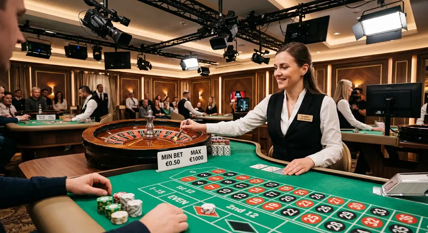 Live-Roulette-Tisch mit Croupier und Einsatzlimits auf Monitor im Hintergrund